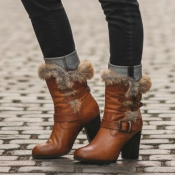 Frye Shoes - RARE Frye Penny Lux Rabbit Fur-Lined Cognac Leather Buckle Heeled Ankle Booties